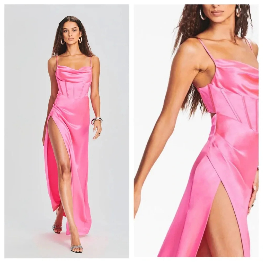 Retrofete Rosa Maxi Dress Satin Side Slit Corset Homecoming Sz M Hot Pink